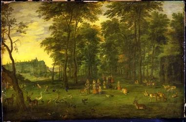 Arcyksiążę Albrecht VII Austrii i arcyksiężna Izabela Clara Eugenia spacerują po parku zamku królewskiego w Brukseli, 1621