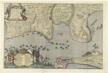 Mapa lądowania i ekspedycji aliantów w Kadyksie, 1702 Plan Dissante of Landing in Spangien dla Cadix z Campements i Marse sporządzony przez księcia Ormont i generała Majora i barona de Spar Ceederta 26 sierpnia do