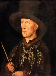 ""Portret Baudouina de Lannoy, lorda Molembais, znanego jako le Begue (1388-1474)"" Obraz Jana van Eycka (1390-1441), ca 1435 - Olej na drewnie, 26x20 - Staatliche Museen, Berlin