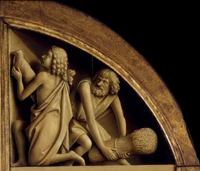 Ołtarz Gandawski. Adoracja Mistycznego Baranka: Ofiara Kaina i Abla, 1432.