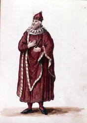 Doża w XI wieku. Rysunek akwarelowy i tusz z rękopisu „Zwyczajności Wenecjan” Jana van Grevenbroeka (lub Giovanniego Grevenbroicha (Grevenbroich) (1731-1807)