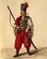 Mundur karabińczyka, autorstwa Jana van Grevenbroecka lub Giovanniego Grevembrocha (1731-1807), Gli Donne de Veneziani, z ilustrowanej księgi kostiumów, akwarela
