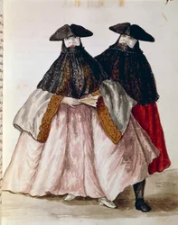 Postacie karnawałowe w Wenecji, ilustracja z Ilustrowanej księgi strojów weneckich, Jan Grevenbroeck (1731-1807), akwarela, Włochy