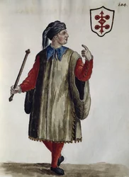 Suknia Carrarese, akwarela z stroju weneckiego, niemal w każdym wieku, starannie zebrana i namalowana w XVIII wieku, Jan van Grevenbroek lub Giovanni Grevenbroich (1731-1807), Włochy