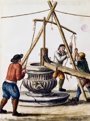 Kopanie studni, ilustracja z Ilustrowanej księgi strojów weneckich, Jan Grevenbroeck (1731-1807), akwarela, Włochy