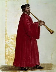Flecista Rysunek akwarelowy i tusz z rękopisu „Customs of Venitians” Jana van Grevenbroek (lub Giovanni Grevenbroich (Grevenbroich) (1731-1807)