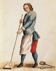 Dmuchacz szkła ze szkła Murano, ilustracja z Ilustrowanej księgi strojów weneckich, Jan Grevenbroeck (1731-1807), akwarela, Włochy