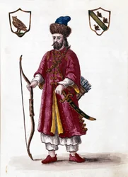Marco Polo. Rysunek akwarelowy i tusz z rękopisu „Zwyczajności Wenecjan” Jana van Grevenbroeka (lub Giovanniego Grevenbroicha (Grevenbroich) (1731-1807)