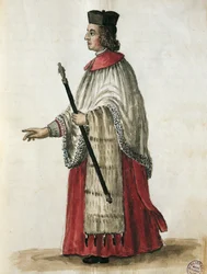 Mistrz ceremonii w kościele św Marka, zaczerpnięty z Stroje weneckie Giovanniego di Grevembrocha (1731-1807) Akwarela