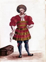 Kupiec wenecki w XV wieku. Rysunek akwarelą i tuszem z rękopisu „Obyczaje Wenecjan” Jana van Grevenbroecka (lub Giovanniego Grevembrocha (Grevenbroch) (1731-1807)).