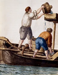 Przesiewanie wód kanału w poszukiwaniu zagubionych przedmiotów, ilustracja z Ilustrowanej księgi strojów weneckich, Jan Grevenbroek (1731-1807), akwarela, Włochy