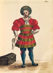 Odzież wenecka: wenecki podróżnik, Jan van Grevenbroeck lub Giovanni Grevembroch (1731-1807), Gli Abiti de Veneziani, z ilustrowanej księgi kostiumów, akwarela