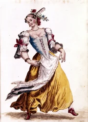 Taniec wenecki. Rysunek akwarelowy i tusz z rękopisu „Zwyczajności Wenecjan” Jana van Grevenbroeka (lub Giovanniego Grevenbroicha (Grevenbroich) (1731-1807)