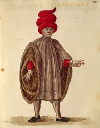 Młody mężczyzna ubrany "Dogalina", formalna szata z szerokimi rękawami, Jan van Grevenbroeck lub Giovanni Grevembroch (1731-1807), Gli Abiti de Veneziani, z ilustrowanej księgi kostiumów, akwarela