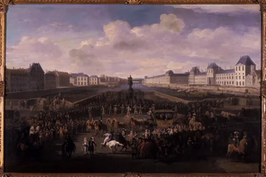 Ludwik XIV zbliża się do Pont Neuf, Paryż, 1674 (olej na dębie)