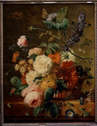 Kosz kwiatów z motylami. Obraz Jana Van Huysuma (1682-1749) Ec. Hol.