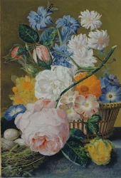 Róże, wilce, narcyzy, astry i inne kwiaty w koszu oraz jaja w gnieździe na marmurowym występie, 1744