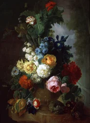 Martwa natura z różami i delphiniums. Obraz Jana van Osa (1744-1808). Kolekcja prywatna.
