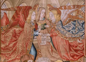 Flamandzki gobelin. Odcinki serialu z życia Dziewicy; Prezentacja w świątyni (Presentación en el Templo). Drugi gobelin w serii. Modele przypisane Janowi van Roome (lub van Brussel). Manufaktura Pieter van Aelst, Bruksela. ok. 1502-1504.