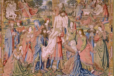Flamandzki gobelin. Seria Męka Chrystusa: Zejście z krzyża (Kruisafneming, Descendimiento de la cruz). Produkcja Pieter van Aelst. Rysownik Jan van Roome. ok. 1507-1520. Szczegół.