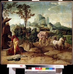 Chrzest (chrzest). Diakon św. Filipa głosi wiarę eunuchowi królowej Etiopii i udziela mu chrztu. Obraz Jana van Scorela (1495-1562). Olej na drewnie, 73 x 82 cm. Sztuka holenderska, renesans. Muzeum Dalekiego Wschodu, Chabarowsk.