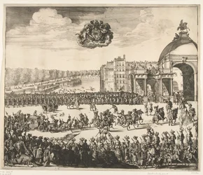 Wjazd króla Wilhelma III do Hagi, 1691 Na Blyde, bardzo pożądany i pierwszy królewski Inhalingh Wilhelma III, króla Anglii, Szkocji, Vranckrycka i Yerlandta itd. Binnen Haga 5 lutego, w den Jaere 1691 (tytuł na