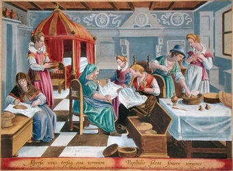 Kobiety posypują jajka jedwabnika winem i trzymają je w cieple przy piersiach, płyta 3 z „Vermis Sericus” (Jedwabnik) rytowany przez Philipa Galle (1537-1612) (rycina)