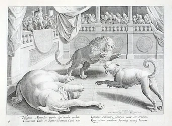 Aleksander Wielki stawia na widowisko, walka lwa, psa i słonia, ilustracja z „Venationes, Ferarum, Avium, Piscium” (O polowaniu: dzikie zwierzęta, ptaki, ryby), sztychowana przez Jana Collaerta (1566-1628), pub . Phillipus Gallaeus, Amsterdam (grafika)
