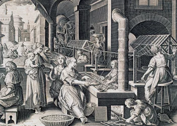 Vermis sericus, kobiety przędzące jedwab i podgrzewające jedwabniki w ogniu, rycina Stradanusa (1523-1605), Włochy