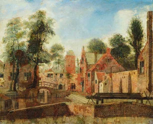 Widok na holenderskie miasto, podobno na Sukiennice w Delft (olej na płótnie)