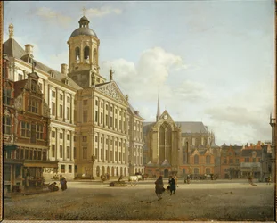 Ulica Dam i nowy ratusz w Amsterdamie, Holandia ...