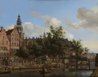 Widok na Oudezijds Voorburgwal z Oude Kerk w Amsterdamie