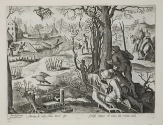 Ptaszniki używające pułapek przynęty na szczury do chwytania jastrzębi, płyta 64, ilustracja z „Venationes, Ferarum, Avium, Piscium” (O polowaniu: dzikie zwierzęta, ptaki, ryby), ryt. Jan Collaert (1566-162