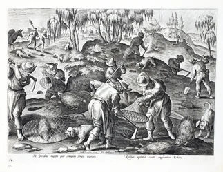 Wykopywanie i chwytanie jeżozwierzy, tablica 54, ilustracja z "Venationes, Ferarum, Avium, Piscium" (O polowaniu: dzikie zwierzęta, ptaki, ryby), rycina Jana Collaerta (1566-1628), wyd. Phillipus