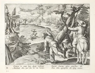 Puchacze łapiące wrony, ilustracja z "Venationes, Ferarum, Avium, Piscium" (O polowaniu: dzikie zwierzęta, ptaki, ryby), rycina Jana Collaerta (1566-1628), wydana przez Phillipusa Gallaeusa, Amsterdam (eng.