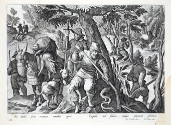 Łowcy używają włóczni lub pistoletów naładowanych ołowiem do polowania na dzika górskiego, ilustracja z „Venationes, Ferarum, Avium, Piscium” (O polowaniu: dzikie zwierzęta, ptaki, ryby), rycina Jan Collaert (1566-1628),