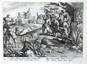 Myśliwi wykorzystujący sokoły do polowania na gęsi, ilustracja z „Venationes, Ferarum, Avium, Piscium” (O polowaniach: dzikie zwierzęta, ptaki, ryby), ryt. Jan Collaert (1566-1628), wyd. przez Phillipusa Gallaeusa, A