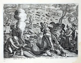 Polowanie na króliki, ilustracja z „Venationes, Ferarum, Avium, Piscium” (O polowaniach: dzikie zwierzęta, ptaki, ryby), ryt. Jan Collaert (1566-1628), wyd. autorstwa Phillipusa Gallaeusa, Amsterdam
