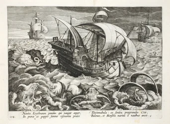 Polowanie na stworzenia morskie, tablica 84, ilustracja z „Venationes, Ferarum, Avium, Piscium” (Polowanie: dzikie zwierzęta, ptaki, ryby), sztych. Jan Collaert (1566-1628), wyd. przez Phillipusa Gallaeusa, Amste