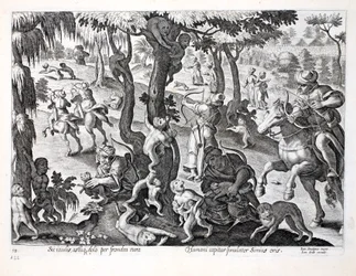 Polowanie na małpy na wsi, ilustracja z „Venationes, Ferarum, Avium, Piscium” (O polowaniu: dzikie zwierzęta, ptaki, ryby), sztych. Jan Collaert (1566-1628), wyd. przez Phillipusa Gallaeusa, Am