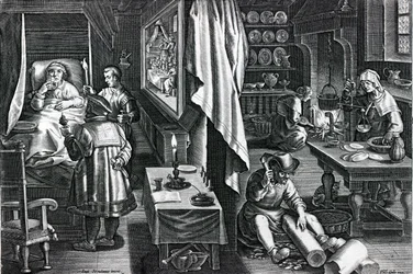 Hyacum et lues venerea, tablica 6 z "Nova Reperta", wyryta przez Philipa Galle, ok. 1580-1605 (rycina)
