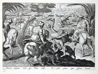 Maurowie konno polujący na strusie, plansza 62, ilustracja z dzieła „Venationes, Ferarum, Avium, Piscium” (O polowaniu: dzikie zwierzęta, ptaki, ryby), rytował Jan Collaert (1566-1628), opublikował Phillipus