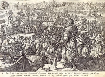 Śmierć Giovanniego Medyceuszy w bitwie, tablica 8 z „Historii Medyceuszy”, sztychowana przez Hendricka Goltziusa (1558-1617), ok. 1583