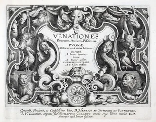 Strona tytułowa „Venationes, Ferarum, Avium, Piscium” (O myślistwie: Dzikie zwierzęta, ptaki, ryby), ryt. Jan Collaert (1566-1628), wyd. autorstwa Phillipusa Gallaeusa, Amsterdam