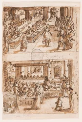 Taniec Salome; Verso, powyżej: interpretacja Daniela drugiego snu króla Nabuchodonozora, wstępny projekt „Spiritus Consilii” (Duch rady), płyta 3 w serii druków „Siedem darów Ducha Świętego”; Verso, poniżej: Dwa owale, o