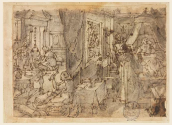 Odkrycie Guaiacum jako lekarstwa na choroby weneryczne, projekt dla „Hyacum et lues venerea”, płyta 6 w serii druków Nova Reperta (Nowe wynalazki współczesności)