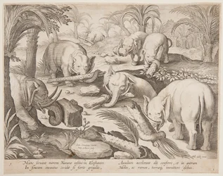 Słonie trzymające się nawzajem z pułapki, płyta 1 z serii Game of Animals, Birds and Fish