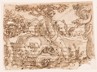 Recto: Walka między słoniami i wężami, z Historii Naturalnej Pliniusza (książka 8, rozdz. 11-12); Verso: napis odnoszący się do materiału źródłowego