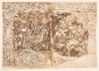 Recto: Projekt gobelinu z głoszeniem Jana Chrzciciela (lub Chrystusem wśród przechodniów); Verso: napis
