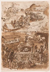 Recto, powyżej: Zbieranie bitumu, z Historii naturalnej Pliniusza, księga 35, rozdz. 51; Recto, poniżej: Łapanie nocnych ciem. Verso, powyżej: Polowanie na bizony; Verso, poniżej: Łowienie koralowców na Sycylii, z Historii Naturalnej Pliniusza Starszego